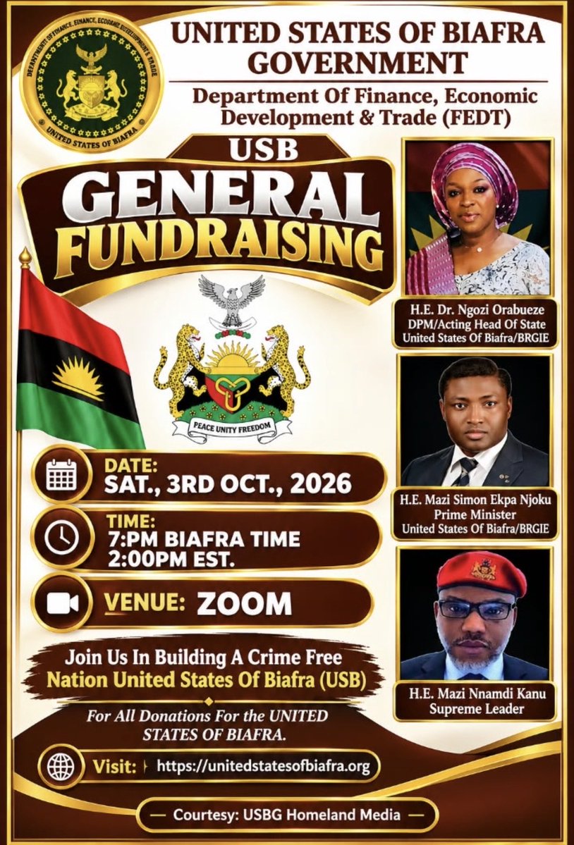 ngoziora's tweet photo. USB GENERAL FUNDRAISING - LIVE WITNESS

TOPIC: Nigeria Burning of Humans / Genocide Against Biafran Christians - Live Witness Account

DATE: Saturday October 3, 2026

TIME: 7:00 PM Biafra Time / 2:00 PM EST / 1:00 PM CST (Georgia)*

Join Zoom:
https://t.co/TjE1hNK3N3

Meeting ID: 884 0741 6634
Passcode: in link

HOST: United States of Biafra (USB)

Why you must join:
- Live witness from Biafra land on burning of Christians alive
- Evidence for US Congress hearing on Christian genocide
- Dr. Walid Phares acknowledgment — next step is recognition of USB
- Fundraising for defense and documentation

Take Notes For:
1. Names / villages burned
2. Dates of attacks
3. What Nigeria army did / did not do
4. Video/photo evidence to submit to Congress

All Biafrans in Clayton County, DeKalb, Morrow, Jonesboro — Join!

Share to every Biafra WhatsApp group. 

Disregard fake Sokoto flyer.