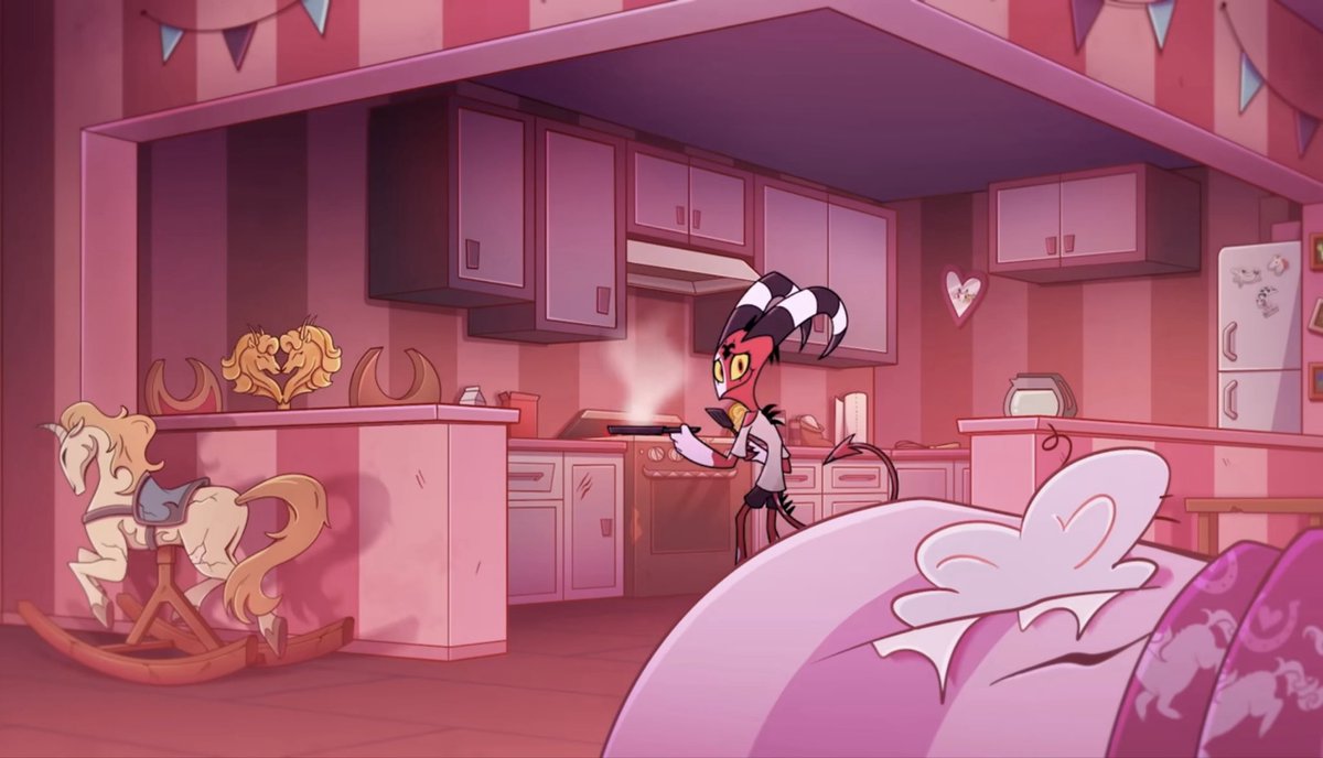 deenra27art's tweet photo. I know compared to Stolas’ Palace Blitz’s apartment ain’t shit. But lowkey Blitz might have one of the nicest apartments a lowborn imp can even get. Decently spacious, a full kitchen, a whole room, bathroom AND a large balcony? For a single imp this apartment is NICE. https://t.co/Y8cNxAtM0z