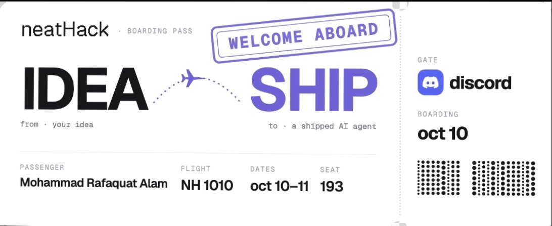 Raf31601's tweet photo. Boarding pass secured ✈️ Heading to neatHack on Oct 10–11 to ship a build. Excited to build with everyone! @neatlogs https://t.co/vi0Ab8mZIe
