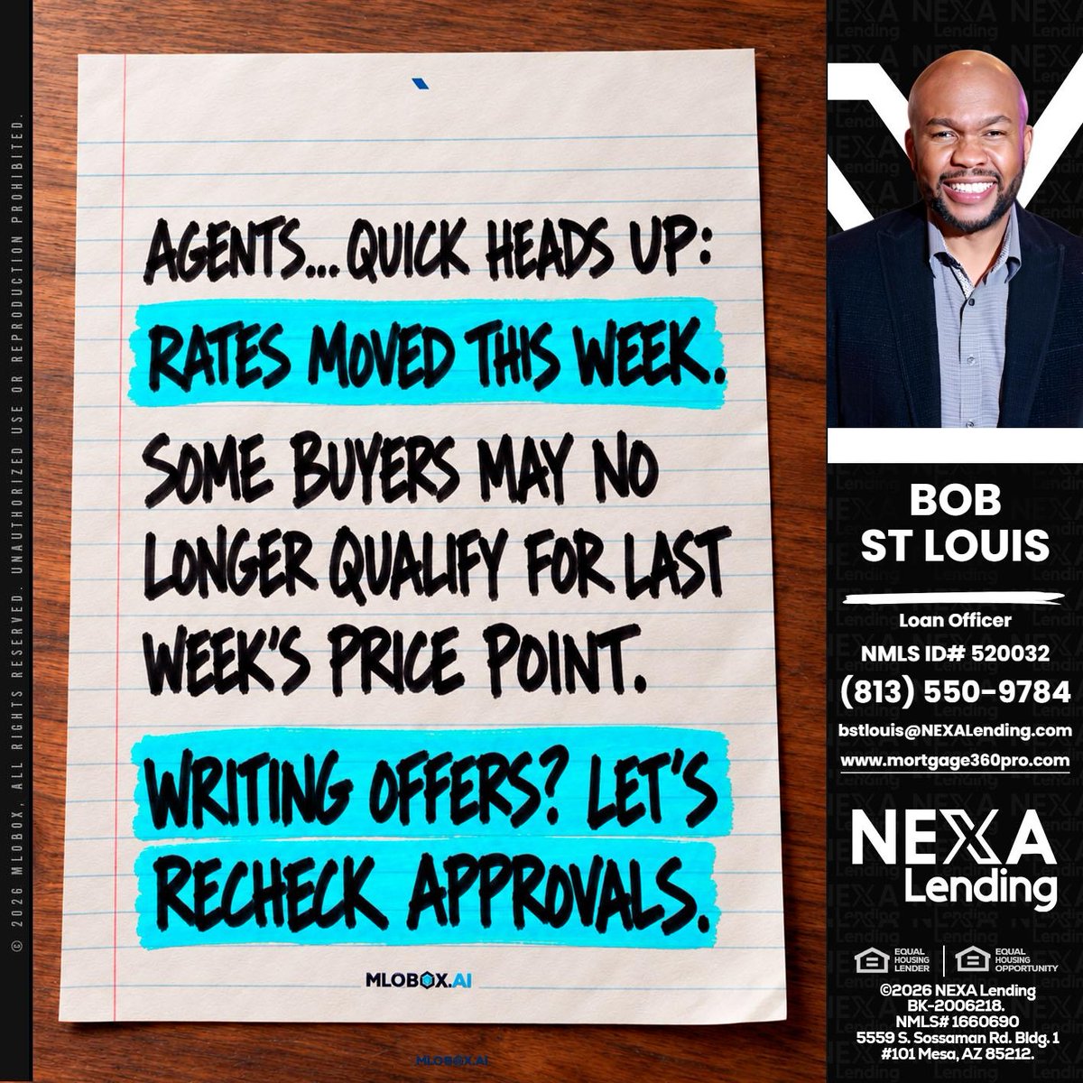 bobstlouis's tweet photo. Attention agents! 🚨 Rates have shifted this week, and some buyers may be affected. Ready to write offers? Let's recheck approvals! 📄 #RealEstate #MortgageUpdates #LoanOfficer

 📧 info@mortgage360pro.com

 📞 813-550-9784 https://t.co/Qbi2hrVEt9
