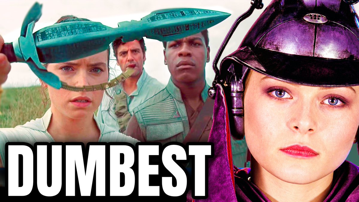 The image is a YouTube thumbnail featuring characters from the Star Wars sequel trilogy, including Rey, Poe Dameron, and Finn on the left, alongside a close-up of a character wearing an ornate purple helmet on the right, with a spear-like weapon held across the foreground. The bold white text "DUMBEST" is overlaid at the bottom, tying into the post's theme of highlighting the most illogical moments in each Star Wars film, with this particular frame likely representing a confusing or poorly-received scene from one of the recent trilogy entries.