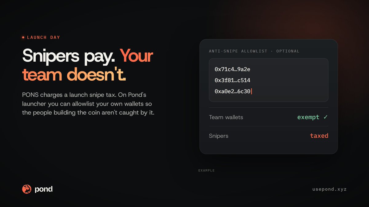 usepondtech's tweet photo. Snipers pay. Your team doesn't. 

PONS charges a launch snipe tax. On Pond's launcher you can allowlist your own wallets, so the people building the coin aren't caught by it.

Fair launch, without punishing the team. https://t.co/Y5e8s9hj1J