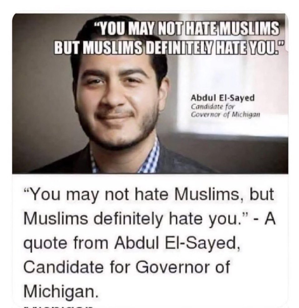 SassyDem's tweet photo. @Acyn #AbdulElSayed
BLAH BLAH BLAH Dude's still a #Terrorist from a family of terrorists. #Taqiyya sweet "talk" to get over on lazy people who don't #vet candidates doesn't change his previous evil actions/talk. https://t.co/SSt5h4kkmL