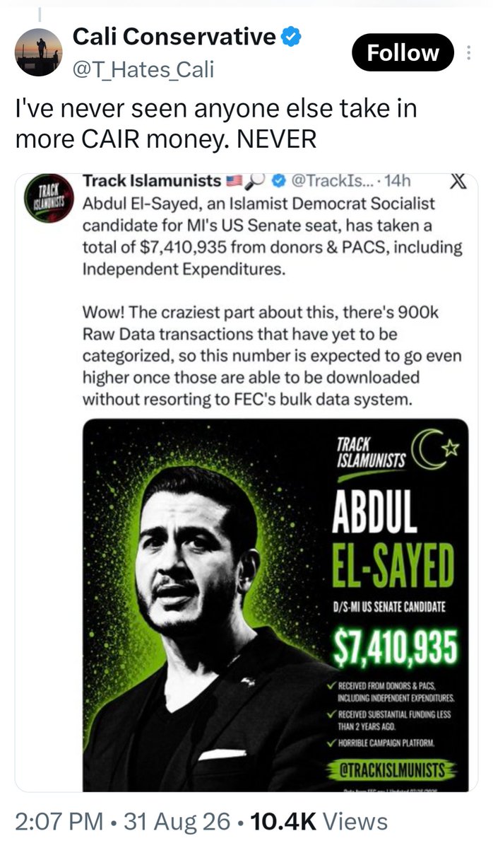 SassyDem's tweet photo. @Acyn #AbdulElSayed
BLAH BLAH BLAH Dude's still a #Terrorist from a family of terrorists. #Taqiyya sweet "talk" to get over on lazy people who don't #vet candidates doesn't change his previous evil actions/talk. https://t.co/SSt5h4kkmL