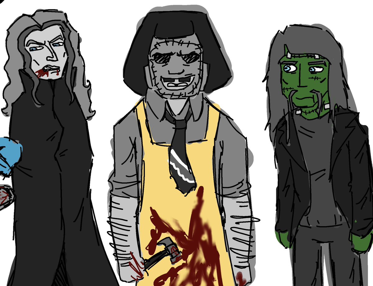 mayonnaise2105's tweet photo. #metalocalypse #Kloktober2026 Day 2: Horror movie crossover !!
Nathan-Jason (friday 13th)
Skwisgaar-dracula
Pickles-ash williams (chainsaw hand guy)
Murderface-Leatherface 
Toki-Frankensteins monster https://t.co/eDLbKXnMjy