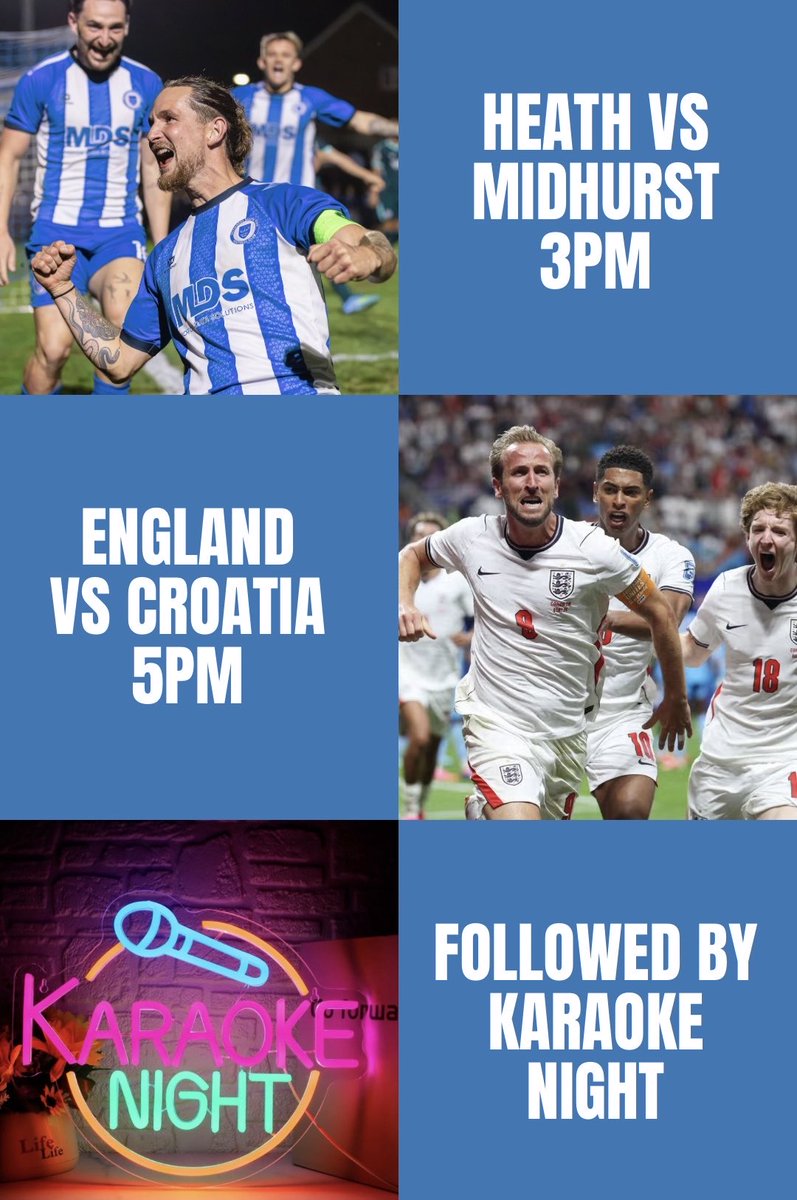 HHTFC's tweet photo. It’s a busy day at the HSEnergy Group Stadium tomorrow 👀
Up first is our SCFL Premier Division match against Midhurst
Followed by showing 🏴 vs 🇭🇷 in our Blues Bar
And rounded off with our Karaoke night 🎤🎶
#HHTFC https://t.co/o1Dl2VvciA