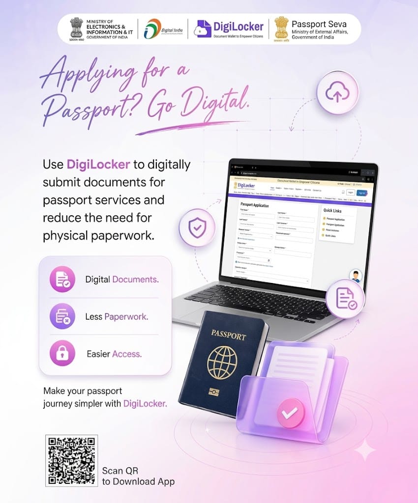 GoI_MeitY's tweet photo. With DigiLocker integration for Passport Seva, citizens can use digital documents during the application process, helping make verification smoother and access more convenient.

#DigiLocker #PassportSeva #DigitalIndia @digilocker_ind https://t.co/y9dL4Rp2ZT