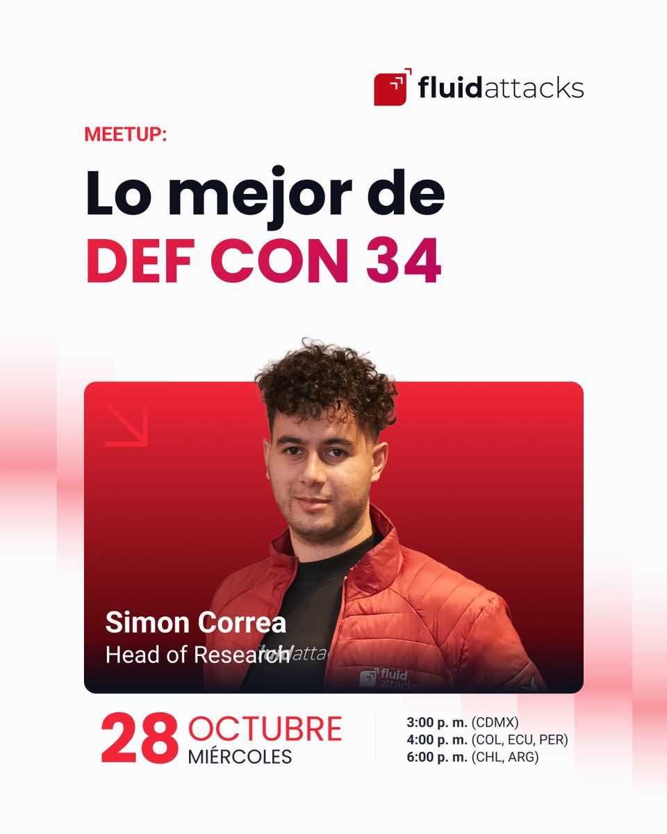 fluidattacks's tweet photo. En el meetup de octubre, Simón Correa (Head of Research @fluidattacks) comparte lo mejor de #DEFCON34: cómo la IA ya hace descubrimientos propios en seguridad y el riesgo que abren los agentes de IA con acceso a repos, terminal y credenciales.
Regístrate: https://t.co/ArvB5LJbh0 https://t.co/gfbJ7KxWQX