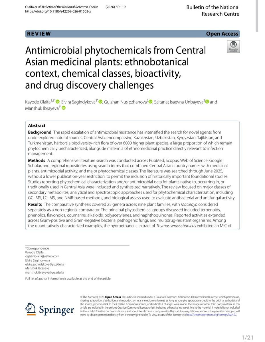 AnythingMicrobe's tweet photo. Happy to share our latest published work on Central Asiaโs rich but underexplored ethnobotanical heritage and its potential for novel antimicrobial drug research and discovery. It is worth a read๐
https://t.co/K66eciPEpP
#Ethnobotany #DrugDiscovery #AMR #Phytochemicals https://t.co/PnfozLg5Md