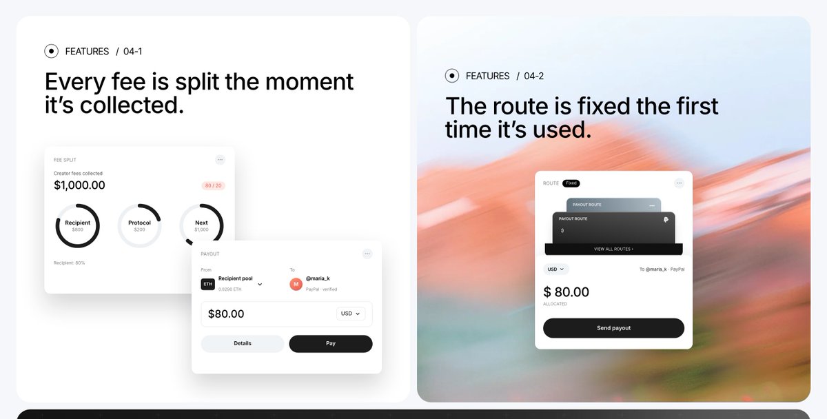 Behalfmoney's tweet photo. Fees are split the moment they're collected, and the payout route is fixed the first time it's used. Nobody can quietly redirect it. https://t.co/iyP8XhxL9f