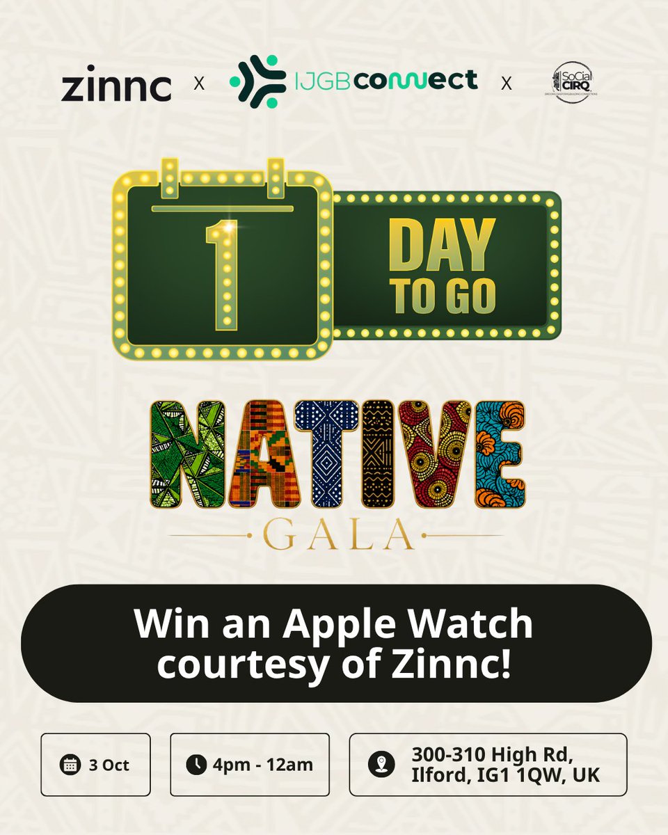 zinnchq's tweet photo. ONE. MORE. SLEEP.

London, tomorrow we’re celebrating culture, community and everything that connects us to our roots.

And yes, the Apple Watch is still in play, which one lucky winner will be going home with!

Tomorrow. We’re ready. 🔥

#Zinnc #NativeGala2026 #IJGBConnect #TheSocialCircle #LondonEvents #PrideToParticipation