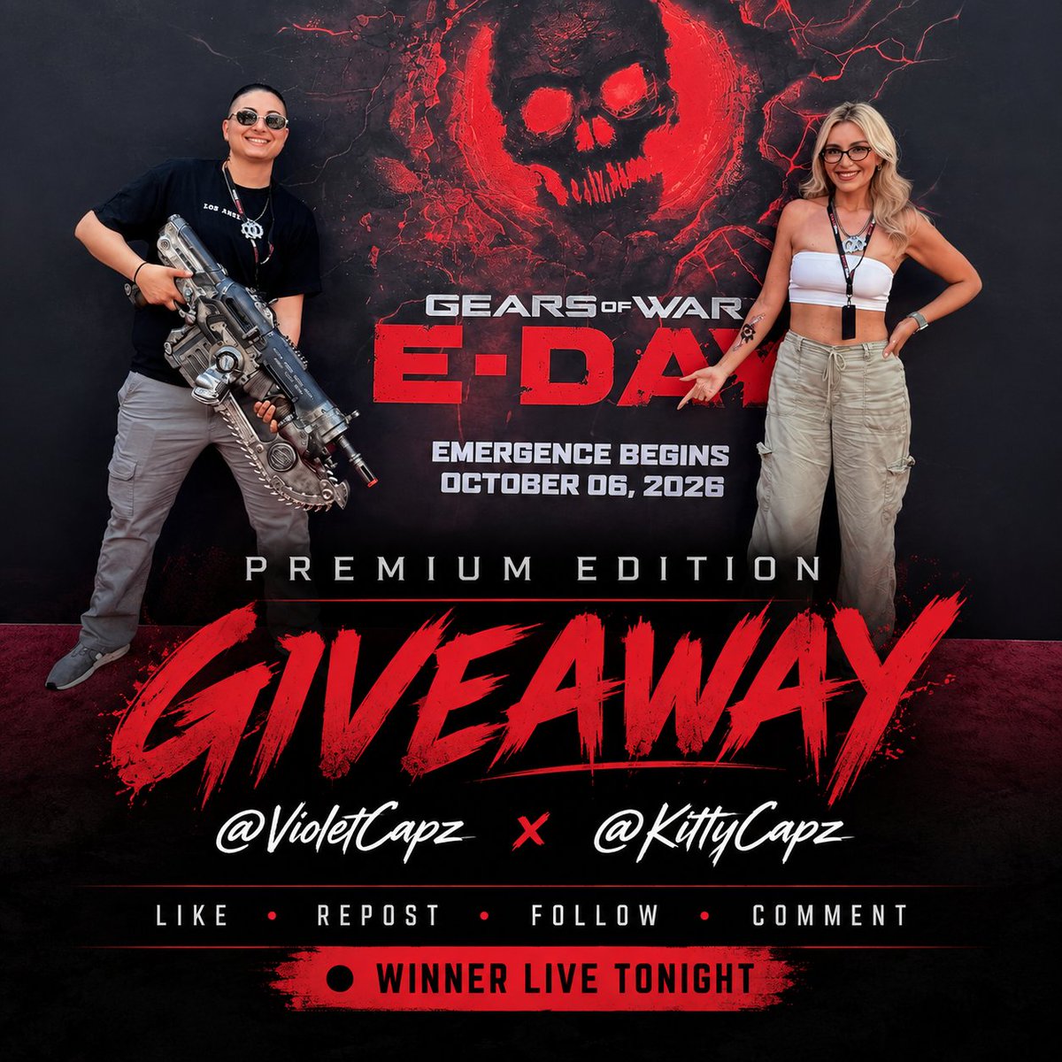 KittyCapz_'s tweet photo. ⚙️ ¡SORTEO GEARS OF WAR: E-DAY PREMIUM EDITION! ⚙️

🇲🇽 Para participar:
❤️ Like
🔁 Repost
👥 Etiqueta a 1 amigo

🎟️ Completa tus entradas aquí:

https://t.co/rELakyL7vf

🎥 Ganador HOY EN VIVO durante mi stream de madrugada. 🔥

🇺🇸 GEARS OF WAR: E-DAY PREMIUM EDITION GIVEAWAY! ⚙️
❤️ Like
🔁 Repost
👥 Tag 1 friend

🎟️ Complete your entries here:

https://t.co/rELakyL7vf

🎥 Winner announced LIVE tonight during my late-night stream. 🔥