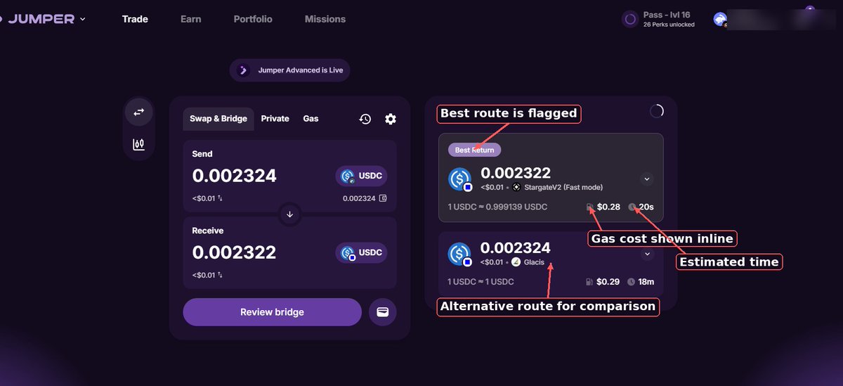 Oddmoodclub's tweet photo. Most bridge apps show you one route and ask you to trust it. Jumper shows you the comparison instead.  

Per Jumper's own docs, every quote surfaces: gas fees, provider fees, price impact/slippage, which bridge+DEX or solver is used, number of clicks, estimated time, and the conversion rate — all before you sign anything.  Screenshot below is a live quote I pulled just now.  
Source: https://t.co/VMOaMR7SxO  
Disclosure: this post is part of a Republic campaign earning participation rewards.