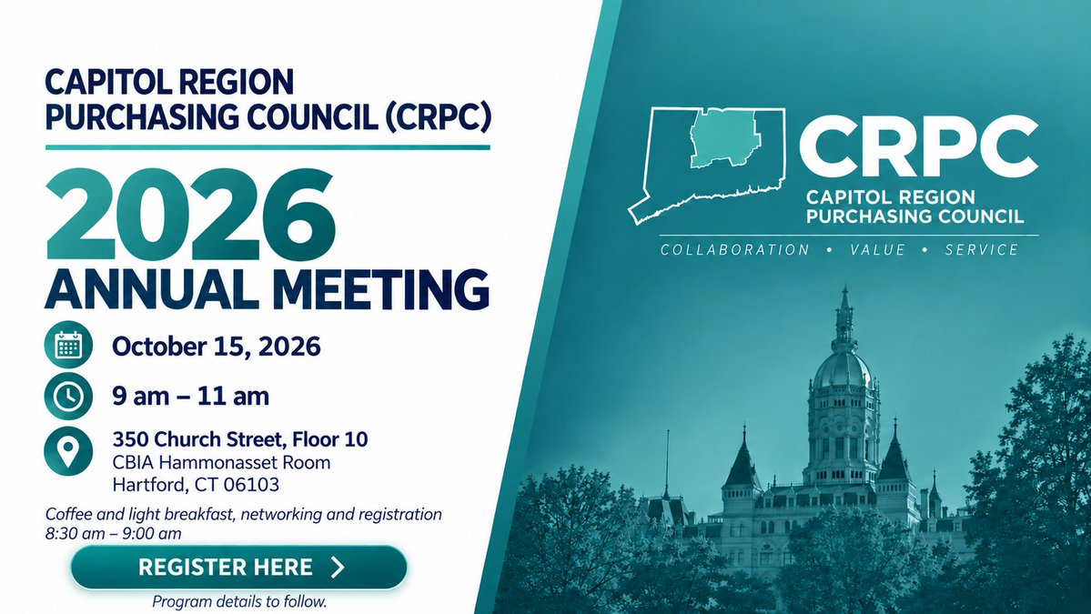 CRCOG1's tweet photo. Calling all #CT municipalities! Grab a coffee, enjoy a light breakfast, and join us for the 2026 CRPC Annual Meeting on Oct. 15, 9–11 a.m.
Come connect, learn and start your morning with us.
👉 Register today: https://t.co/brbPziUfqR
#CRCOG #CRPC #AnnualMeeting https://t.co/jaVlNhrrGL