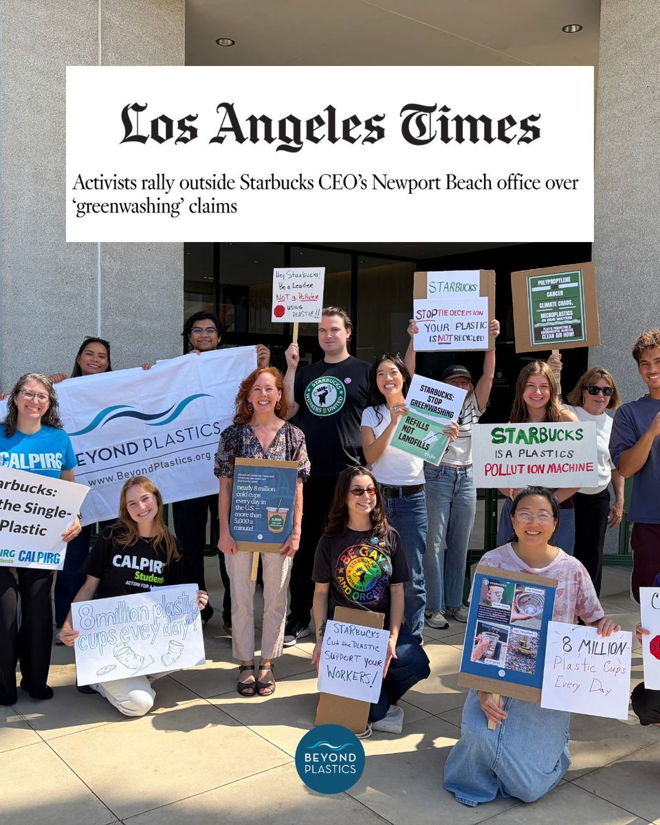 PlasticsBeyond's tweet photo. Environmental and labor activists unite to tell @Starbucks to change its harmful ways.

Alongside members of @storyofstuff, @CALPIRG, @CALPIRGatUCI, and @SBWorkersUnited, we held a demonstration outside CEO Brian Niccol’s Newport Beach office, calling on Starbucks to stop deceiving the public about the recyclability of its plastic cups and to ditch the plastic. 

A barricade prevented us from hand-delivering our petition, which now has more than 14,000 signatures, but we still made our message clear: Starbucks must be held accountable for its deceptive claims and environmental harms. And we stand with Starbucks Workers United in their quest for a fair contract.

#StarbucksDitchThePlastic #Starbucks #BrianNiccol #plastic #california