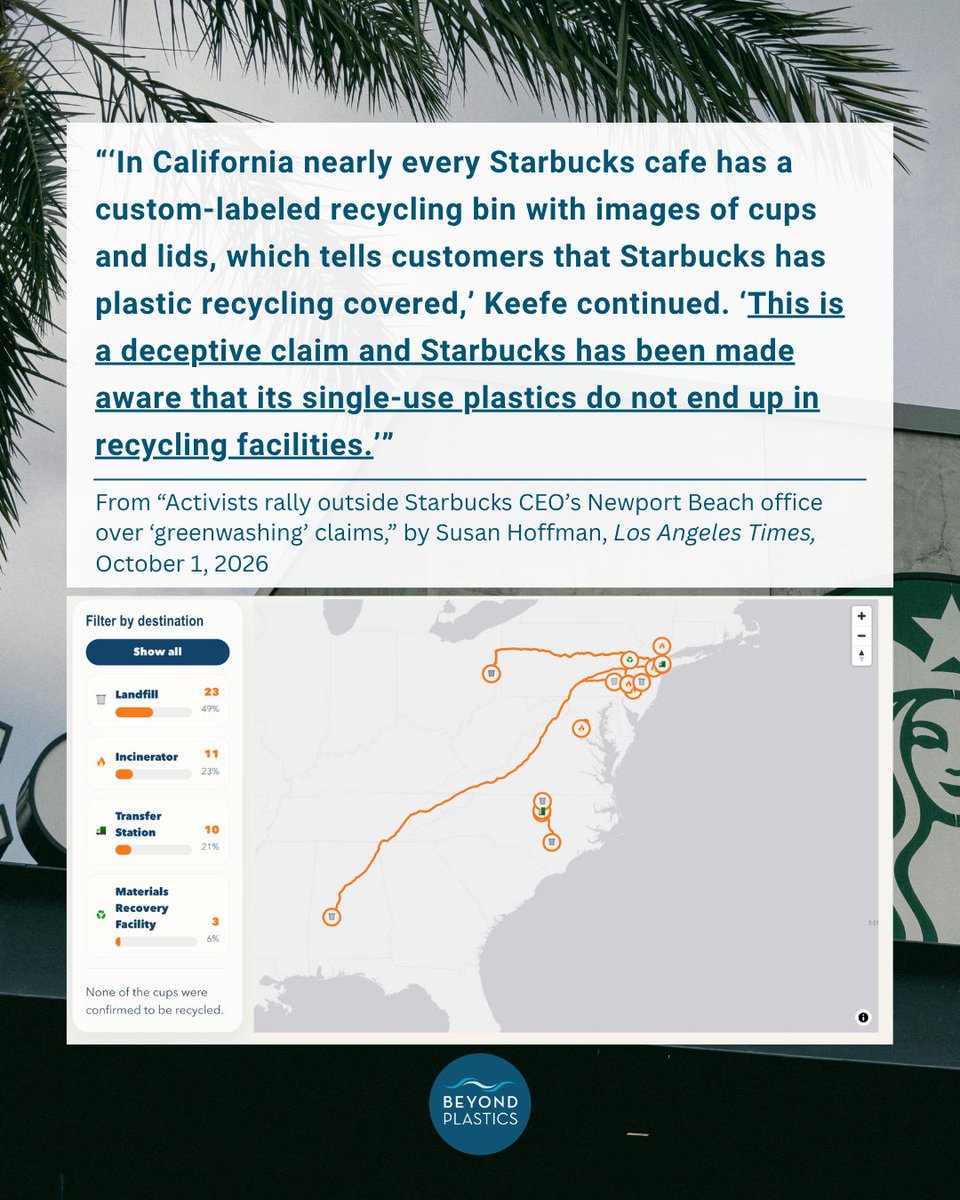 PlasticsBeyond's tweet photo. Environmental and labor activists unite to tell @Starbucks to change its harmful ways.

Alongside members of @storyofstuff, @CALPIRG, @CALPIRGatUCI, and @SBWorkersUnited, we held a demonstration outside CEO Brian Niccol’s Newport Beach office, calling on Starbucks to stop deceiving the public about the recyclability of its plastic cups and to ditch the plastic. 

A barricade prevented us from hand-delivering our petition, which now has more than 14,000 signatures, but we still made our message clear: Starbucks must be held accountable for its deceptive claims and environmental harms. And we stand with Starbucks Workers United in their quest for a fair contract.

#StarbucksDitchThePlastic #Starbucks #BrianNiccol #plastic #california