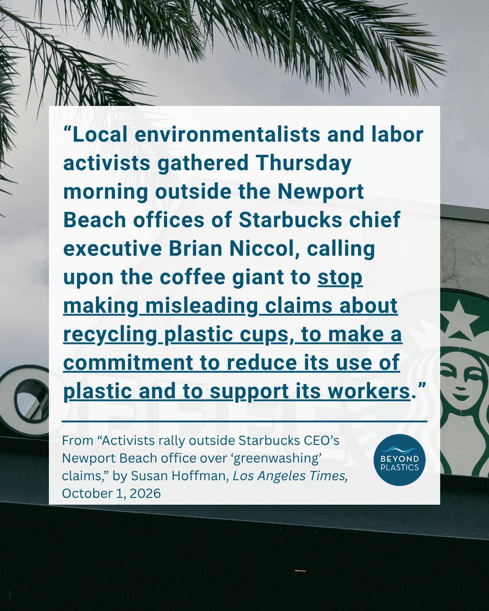 PlasticsBeyond's tweet photo. Environmental and labor activists unite to tell @Starbucks to change its harmful ways.

Alongside members of @storyofstuff, @CALPIRG, @CALPIRGatUCI, and @SBWorkersUnited, we held a demonstration outside CEO Brian Niccol’s Newport Beach office, calling on Starbucks to stop deceiving the public about the recyclability of its plastic cups and to ditch the plastic. 

A barricade prevented us from hand-delivering our petition, which now has more than 14,000 signatures, but we still made our message clear: Starbucks must be held accountable for its deceptive claims and environmental harms. And we stand with Starbucks Workers United in their quest for a fair contract.

#StarbucksDitchThePlastic #Starbucks #BrianNiccol #plastic #california