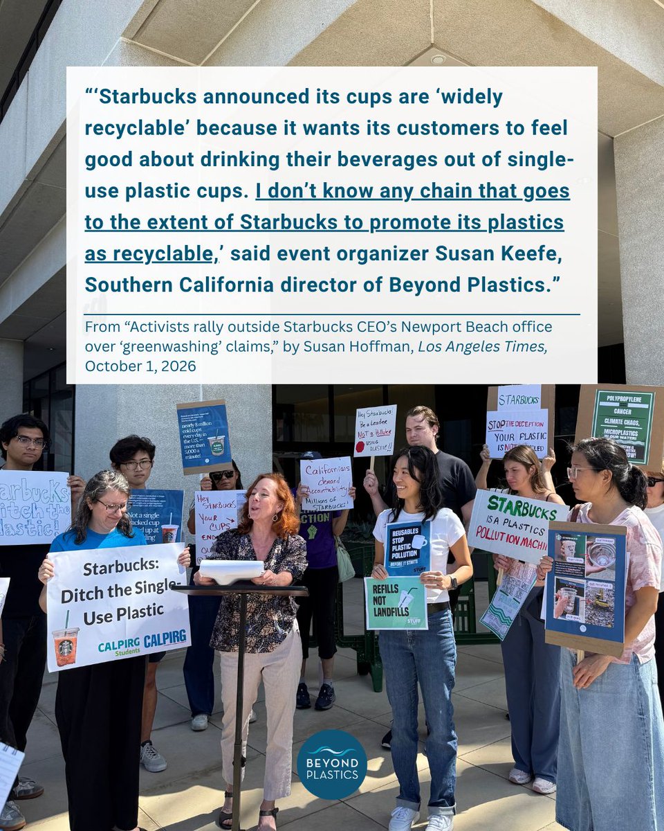 PlasticsBeyond's tweet photo. Environmental and labor activists unite to tell @Starbucks to change its harmful ways.

Alongside members of @storyofstuff, @CALPIRG, @CALPIRGatUCI, and @SBWorkersUnited, we held a demonstration outside CEO Brian Niccol’s Newport Beach office, calling on Starbucks to stop deceiving the public about the recyclability of its plastic cups and to ditch the plastic. 

A barricade prevented us from hand-delivering our petition, which now has more than 14,000 signatures, but we still made our message clear: Starbucks must be held accountable for its deceptive claims and environmental harms. And we stand with Starbucks Workers United in their quest for a fair contract.

#StarbucksDitchThePlastic #Starbucks #BrianNiccol #plastic #california
