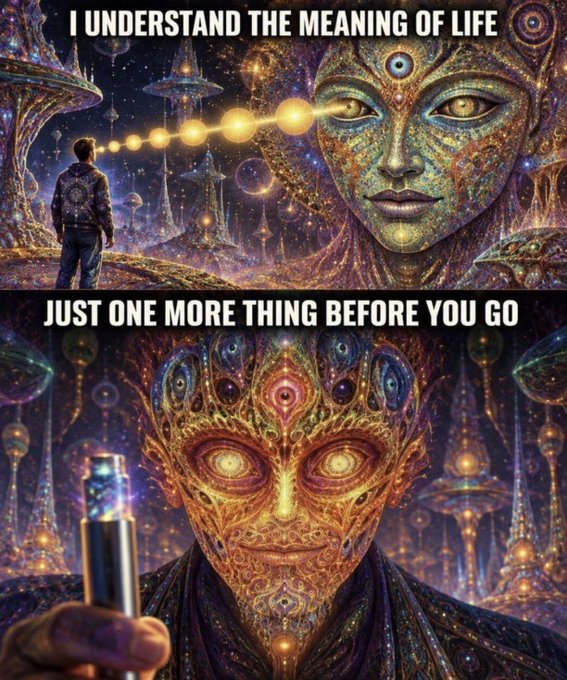 The two-panel meme shows a man receiving cosmic wisdom from a glowing cosmic being with the caption "I UNDERSTAND THE MEANING OF LIFE," followed by the being adding "JUST ONE MORE THING BEFORE YOU GO" while holding what appears to be a colonoscope—humorously subverting a profound spiritual revelation with a mundane medical procedure, tying into the "not this time baby!" comment by rejecting the intrusive interruption.