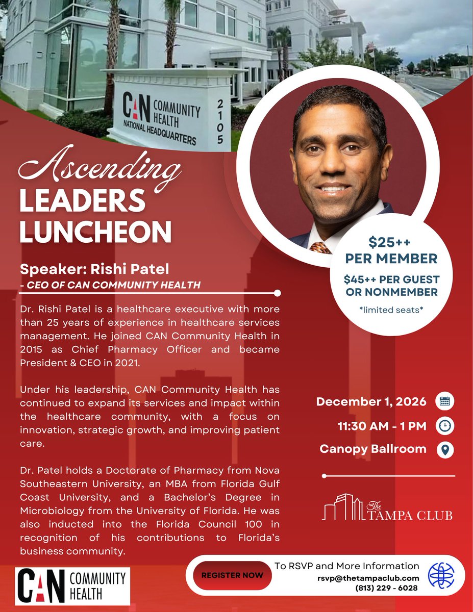 TampaHasSwagger's tweet photo. Join @TheTampaClub's Ascending Leaders Luncheon on Dec. 1st featuring Dr. Rishi Patel, President &amp; CEO of @CANCommHealth! 🎤 Hear from Dr. Patel on healthcare leadership, growth &amp; patient care. #HelpingOurCity #ElevateTampa https://t.co/a9HlGQ2IZL