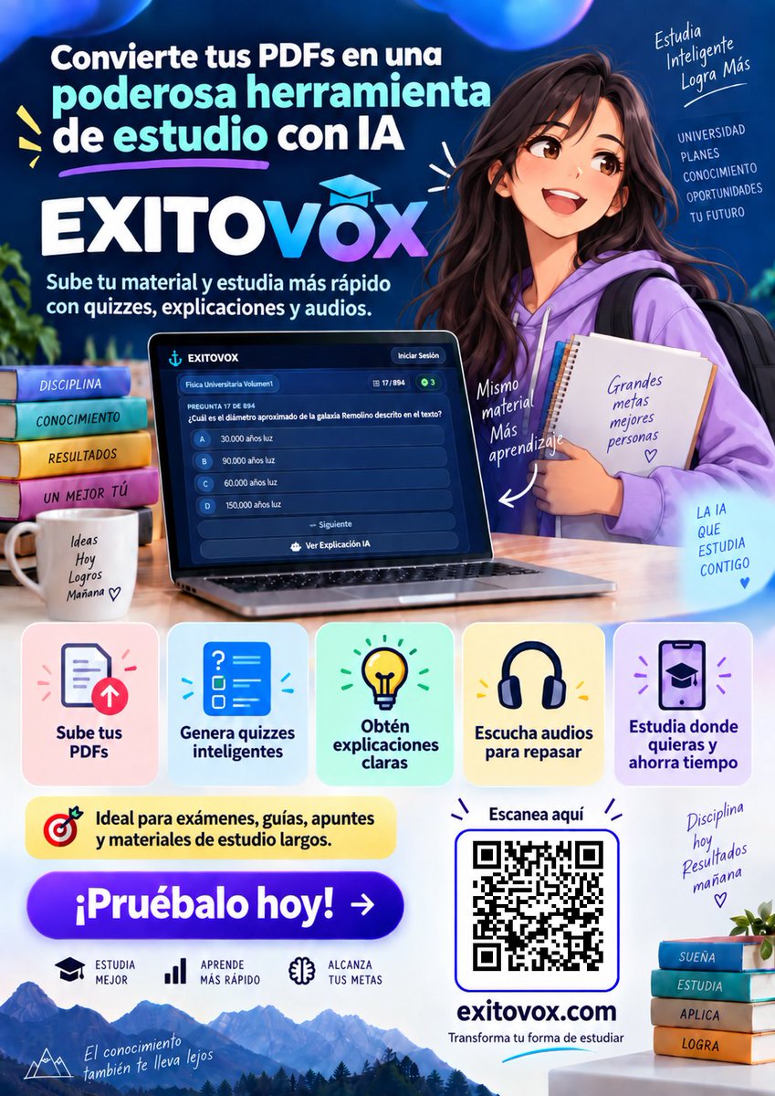 marito202484's tweet photo. “3 formas de estudiar con IA y cuál sirve para qué”
#ChatGPT → explicación.
#NotebookLM → explorar fuentes.
#EXITOVOX → practicar/evaluarte. https://t.co/9bBWsLWvpT