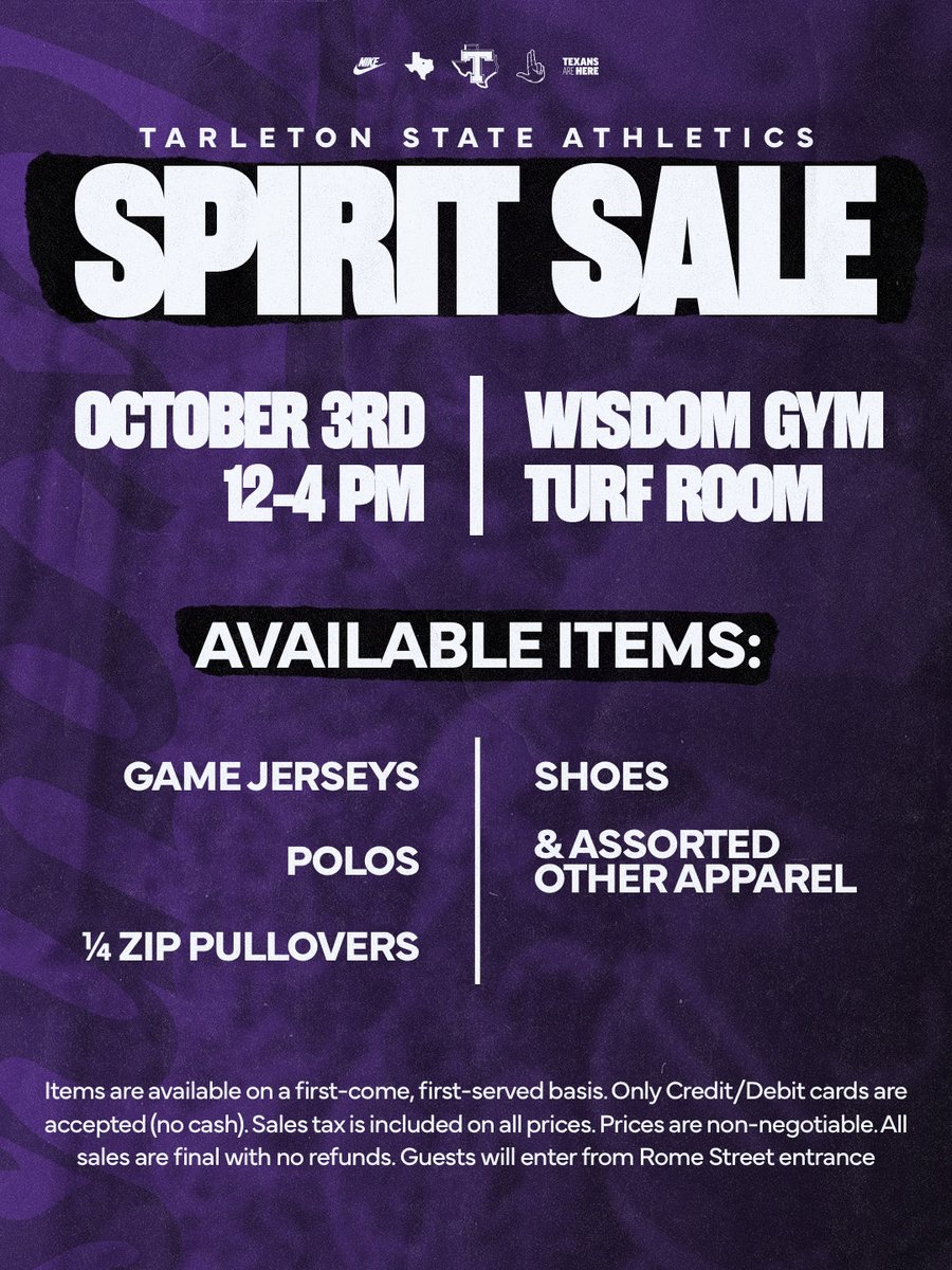 TarletonSports's tweet photo. Don’t miss the Tarleton State Athletics Spirit Sale tomorrow in the Wisdom Gym Turf Room! Get special game-worn gear and plenty of other items at a great deal 🙌 https://t.co/WTCDlwoA4c