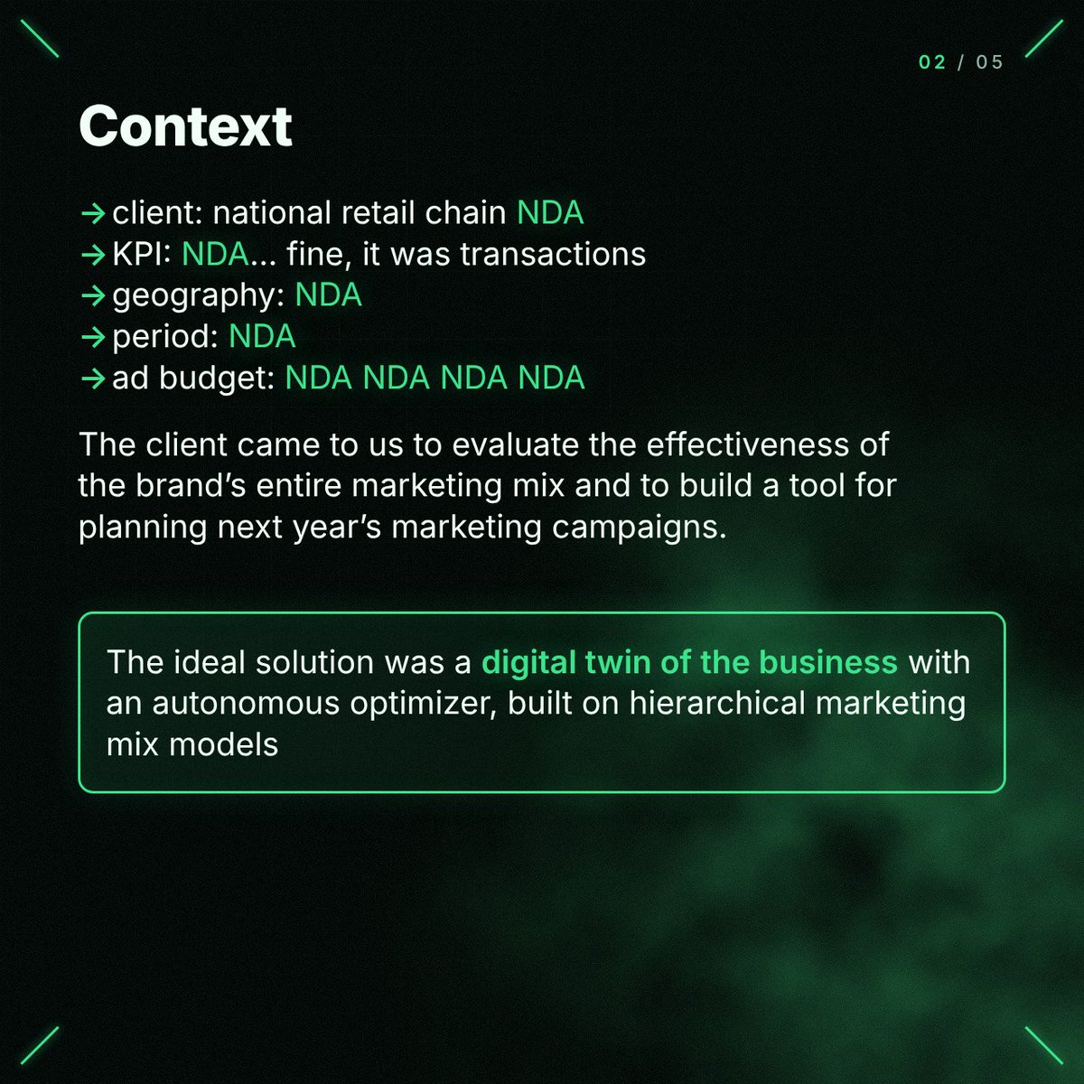 DubovIgor's tweet photo. Our "favorite" case studies are always the ones we legally can't talk about.

​So here’s a Friday NDA case study with an [NDA client] in retail:
​Our digital twin found the exact media mix to squeeze [NDA] [NDA] [NDA] more margin out of the exact same budget. 🤐📈 https://t.co/nyj00ezh7P