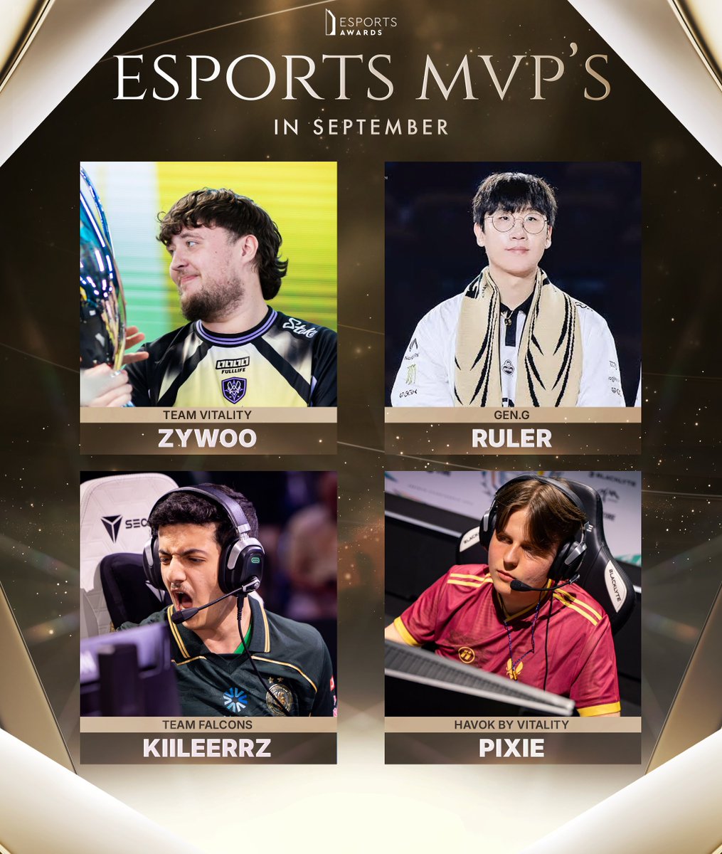 esportsawards's tweet photo. Who’s your Esports MVP of September? 🏆

@zywoo | @kiileerrz | @RulereluR | @pixiefnbr

#EsportsAwards https://t.co/NjEjVJJtks
