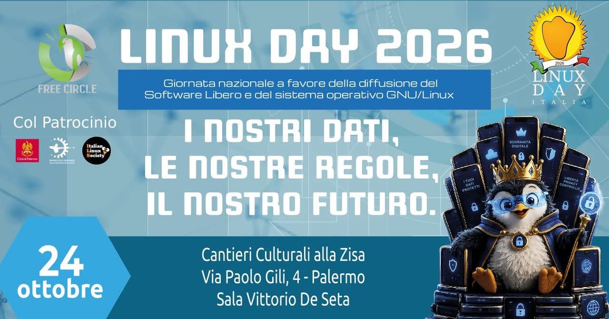 Formbit24's tweet photo. Linux Day 2026: il futuro è open source
Privacy, libertà digitale e controllo dei propri dati: il 24 ottobre Palermo ospita il Linux Day 2026.
#LinuxDay2026 #Linux #OpenSource #SoftwareLibero #gnulinux https://t.co/DNPqRO3nJq