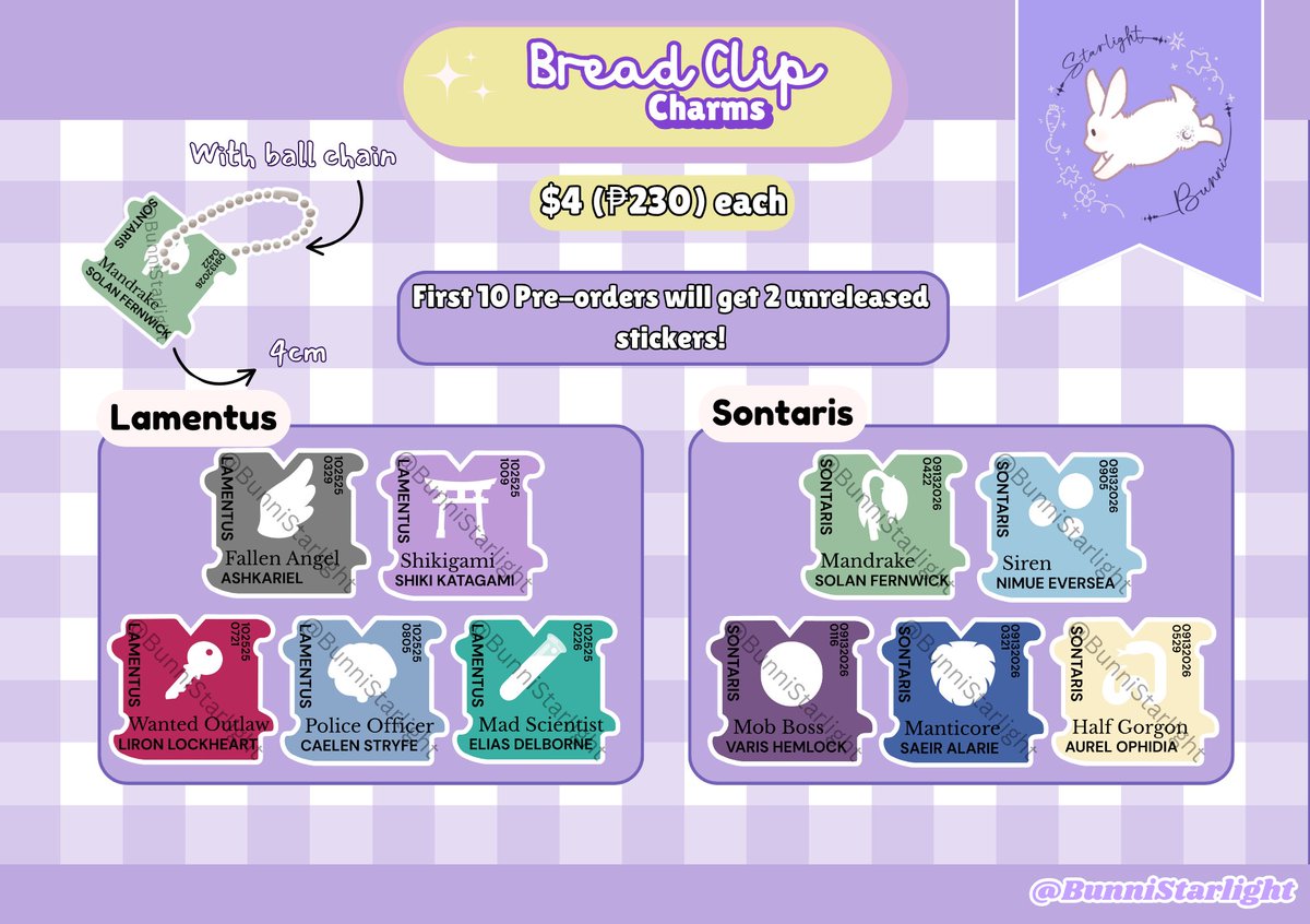 BunniStarlight's tweet photo. [PRE-ORDER] BREAD CLIP CHARMS — FSP EN COLLECTION VOL. 2 🍞✨

Bread Clip Charms for Lamentus &amp; Sontaris are finally here! ♡ Avallum &amp; Ravanis are open for pre-order!

Pre-order link: https://t.co/opjnibyQkn

🎁 First 10 orders get 2 unreleased stickers! https://t.co/4c06Kyv4sd