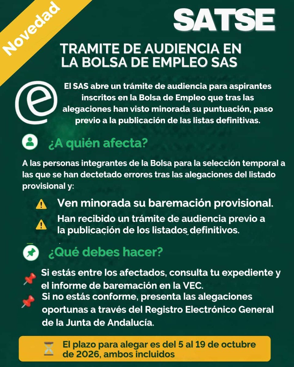 satsegranada's tweet photo. El SAS abre un trámite de audiencia para aspirantes inscritos en la Bolsa de Empleo como paso previo a la publicación de las listas definitivas

🗓️ Plazo de 5 al 19 de octubre

🔗Consulta en nuestra web los listados de afectados y toda la información
https://t.co/fJcdJIqyFd https://t.co/Kac8vgJUZX