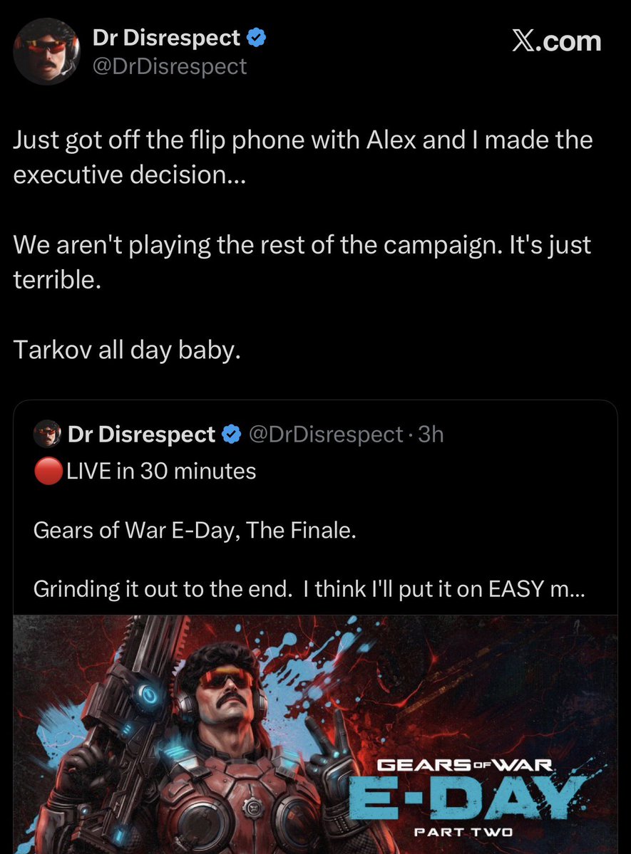 SmashJT's tweet photo. Major streamers have all played Gears of War: E-Day and had a similar negative sentiment.
- Dr. Disrespect doesn’t even want to play it any more.
- Burnt peanut laughed at the forced f*ggtry
- NICKMERCS sadly said the series “had a good run”

Across the board reviews from popular streamers are panning the game. Not the best start for a game that charges EXTRA for early access. OOF, Microsoft. 

Was the greed WORTH IT?

STOP CHARGING EXTRA FOR EARLY ACCESS! 
STOP INJECTING FORCED WOKE PROPAGANDA. 
GET ACTIVISTS OUT OF GAMING.