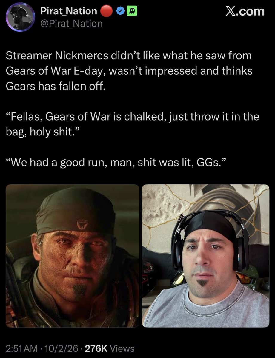 SmashJT's tweet photo. Major streamers have all played Gears of War: E-Day and had a similar negative sentiment.
- Dr. Disrespect doesn’t even want to play it any more.
- Burnt peanut laughed at the forced f*ggtry
- NICKMERCS sadly said the series “had a good run”

Across the board reviews from popular streamers are panning the game. Not the best start for a game that charges EXTRA for early access. OOF, Microsoft. 

Was the greed WORTH IT?

STOP CHARGING EXTRA FOR EARLY ACCESS! 
STOP INJECTING FORCED WOKE PROPAGANDA. 
GET ACTIVISTS OUT OF GAMING.