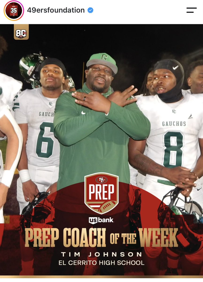 CoachTim_78's tweet photo. I want to thank @CalHiSports and the @49ers @49ersESP @49ersFoundation for the recognition of my our program!! We are not finished yet 💪🏾💪🏾💯💯💚👍🏾💚🤍💚🤍💚🤍 #GauchoPride #BleedGreen #WhyNotEC https://t.co/YtB3HvWu41