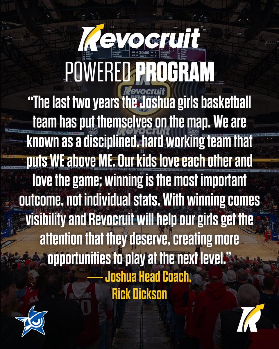 Revocruit's tweet photo. Revocruit Announces Partnership with Joshua Girls Basketball as Official Powered Program

Revocruit is proud to announce its partnership with Joshua Girls Basketball, welcoming the Owls as an official Revocruit Powered Program.

“The last two years the Joshua Girls basketball team has put themselves on the map. We are known as a disciplined, hard-working team that puts WE above ME. Our kids love each other and love the game; winning is the most important outcome, not individual stats. With winning comes visibility and Revocruit will help our girls get the attention that they deserve, creating more opportunities to play at the next level,” said Head Coach Rick Dickson.

Located in Joshua, Texas, Joshua Girls Basketball competes in District 8-5A and has made major strides over the past two seasons. The Owls have earned three playoff wins in the last two years after going 17 years without a playoff victory. Last season, Joshua finished 35-5 and advanced to the 5A Region I Semifinals. With all five starters and key reserves returning, the program brings back an experienced core heading into the upcoming season.

Through this partnership, Joshua Girls Basketball will gain access to Revocruit’s media and technology ecosystem, helping increase visibility for its student-athletes while providing college coaches with streamlined access to program and player information.

Revocruit’s Powered Program elevates basketball programs to a whole new level, making it effortless for college coaches to find, track, and stay connected with talent through one integrated platform.