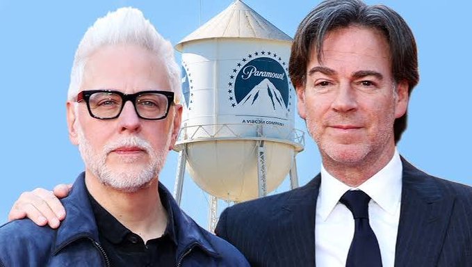 James Gunn and Peter Safran appear in front of the Paramount Pictures water tower, following their meeting with David Ellison where they were invited to continue their current work.
