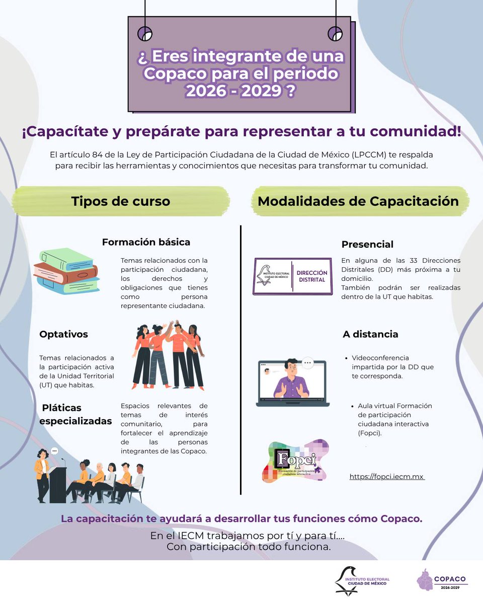 Distrito21IECM's tweet photo. Como parte de las actividades permanentes que realiza el IECM, se encuentra la capacitación en temas de participación ciudadana dirigida a integrantes de las COPACO, OC y ciudadanía en general.
¡Conoce cuáles son las modalidades de capacitación y participa!
#IECM #DD21 https://t.co/ICprECqsSS