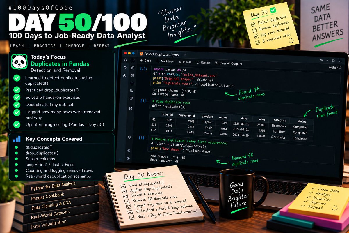 Chiranjeeb_Ku_'s tweet photo. Day 50/100 — Pandas 🐼

Focused on duplicates today.

Practiced detecting &amp; removing duplicates, then documented the rows removed and why.

Key insight: Clean data starts with clean records.

#100DaysOfData #DataAnalyst https://t.co/tHMTDorVc8