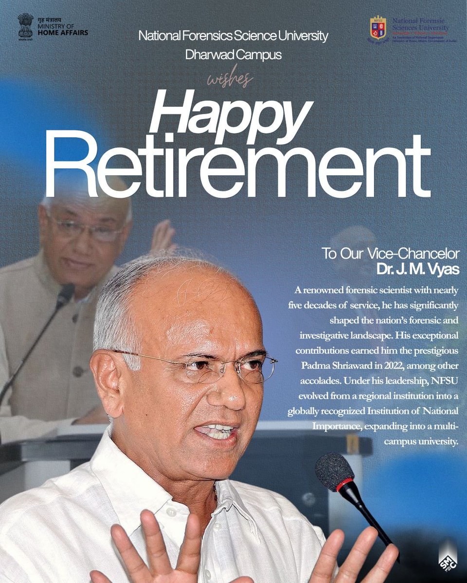 dharwadnfsu's tweet photo. Honouring Padma Shri Awardee Dr. J. M. Vyas on his retirement. ๐
A remarkable legacy in forensic science and education. ๐
#PadmaShri #DrJMVyas #NFSU #HappyRetirement #ForensicScience https://t.co/uZuQx9Q6ht