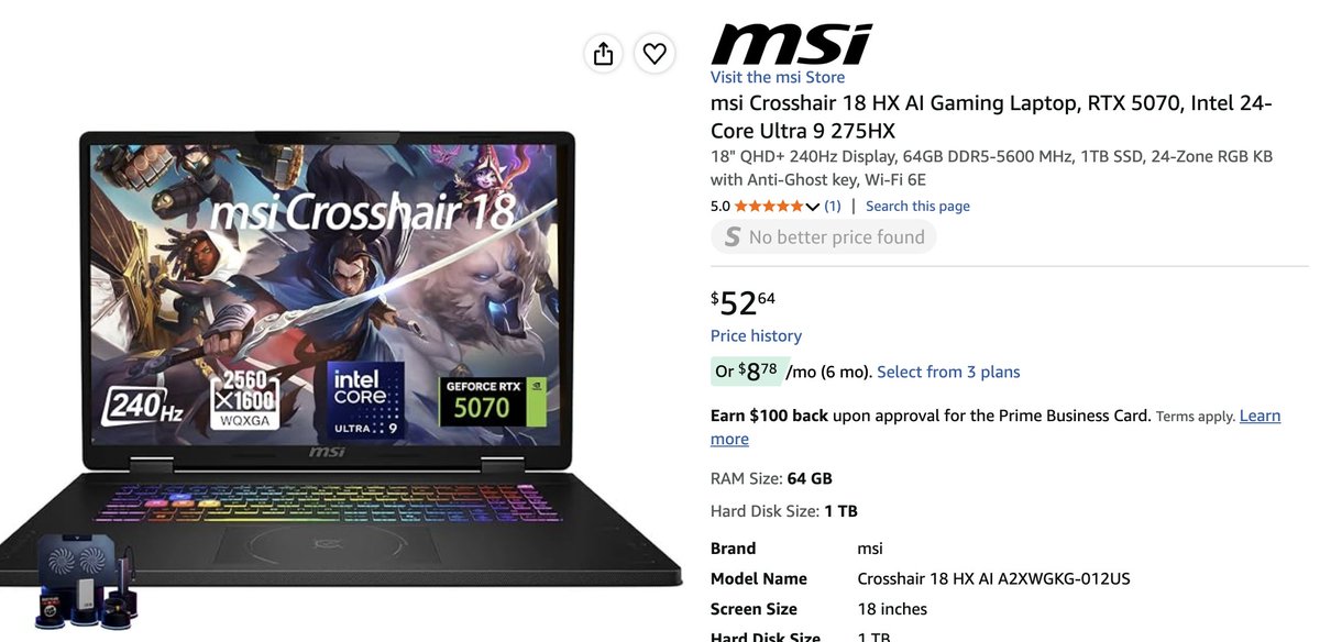 Pricerrors's tweet photo. PRICE ERROR ON $2,000+ GAMING LAPTOP???

Amazon has this MSI with an RTX 5070 listed for just $52

https://t.co/t7zwFF35Dy #ad

Will sell out soon... https://t.co/GwGDM7TDdt