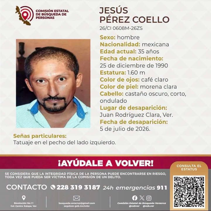 ELPINERO's tweet photo. #AUXILIOSOCIAL🆘 #COMPARTIR 🙏🏼 89 días de incertidumbre; familia de Jesús Pérez Coello continúa buscándolo en Rodríguez Clara, #Veracruz 

➡️ Jesús Pérez Coello, de 35 años, desapareció el 5 de julio de 2026 en el municipio de #JuanRodríguezClara, Veracruz; desde entonces se desconoce su paradero.

➡️ Este 2 de octubre se cumplen 89 días de incertidumbre para su familia, mientras la @cebver mantiene vigente su ficha. 

https://t.co/xpJ3y7cKIQ