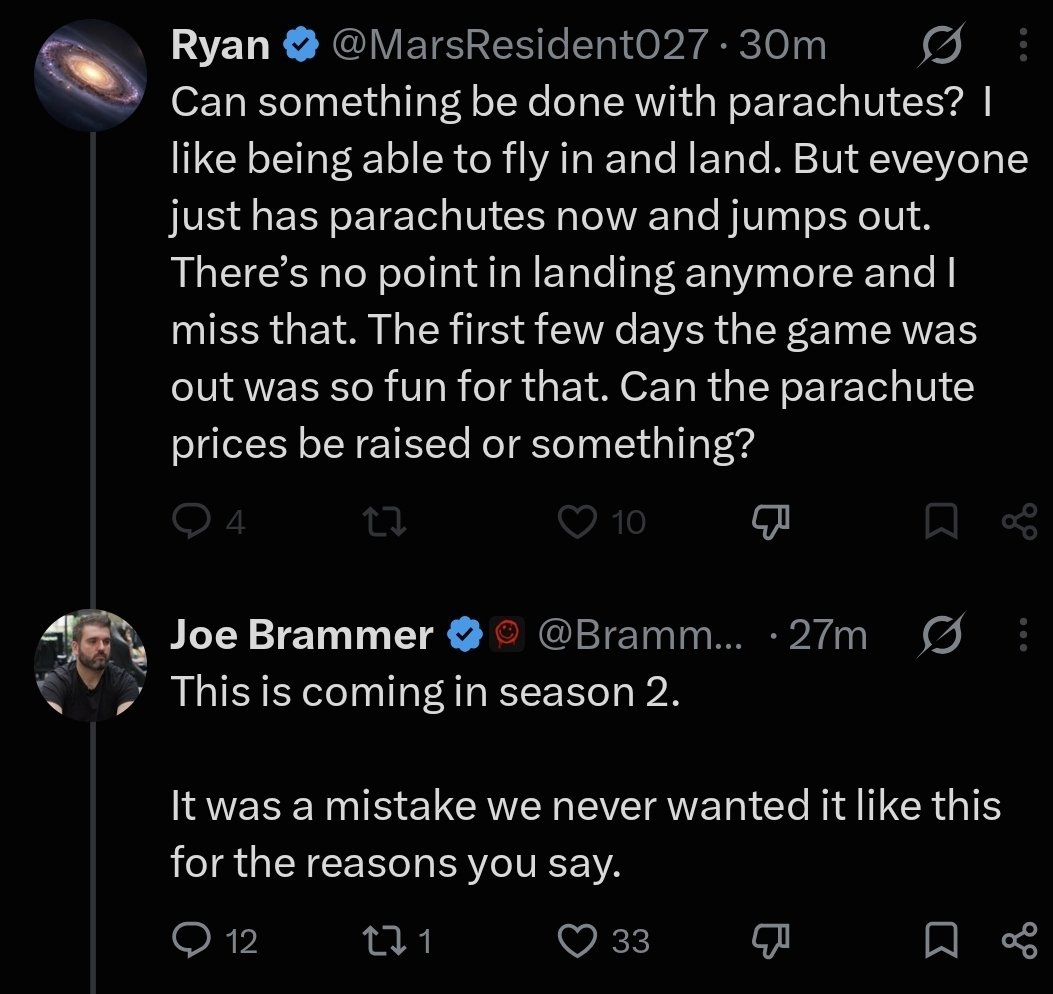 GHBSmith's tweet photo. Pilots of #Wardogs, DOOMSDAY is coming 🤣

You may have to learn to land.

Joe responded to a question regarding constant parachute use, and it looks like a change is coming.

100% agree with this. Landing should be the norm, while parachuting should be more niche.

Will hopefully see a better quality of pilot overall, and less deaths via crashing.