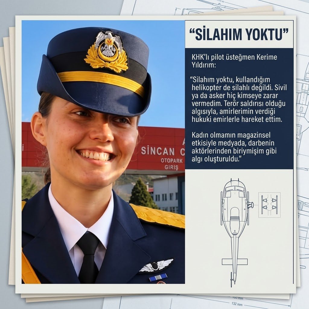 odakdunyam's tweet photo. KHK’lı pilot üsteğmen Kerime Yıldırım:

“Silahım yoktu, kullandığım helikopter de silahlı değildi. Sivil ya da asker hiç kimseye zarar vermedim. Terör saldırısı olduğu algısıyla, amirlerimin verdiği hukuki emirlerle hareket ettim.

Kadın olmamın magazinsel etkisiyle medyada, darbenin aktörlerinden biriymişim gibi algı oluşturuldu.”

KerimeYıldırıma SesOl