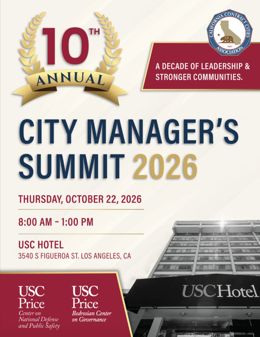 cacitymanagers's tweet photo. Join the CA Contract Cities Association and USC Price School of Public Policy for the 10th Annual City Manager's Summit on Oct 22 at the USC Hotel! Register here: https://t.co/z248uC8BBZ https://t.co/OUSTFbSQ7C