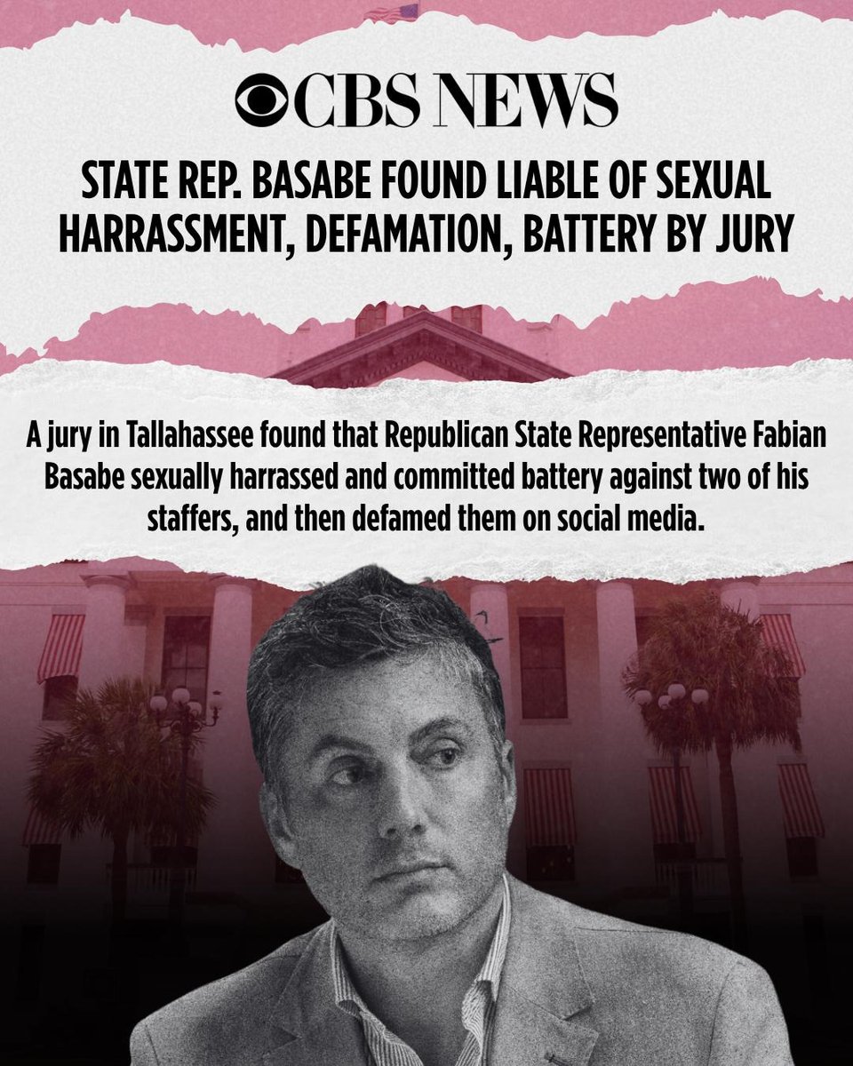 FlaDems's tweet photo. Fabian Basabe sexually harassed and attacked his staff. James Uthmeier and Ashley Moody stole $10M from sick kids. David Rivera secretly lobbied for Maduro. Byron Donalds dealt drugs and then voted against young adults getting the same second chance he got. 

Florida Republicans only care about themselves and lining the pockets of their special interest donors. Floridians are fed up. 

Vote them out November 3rd.