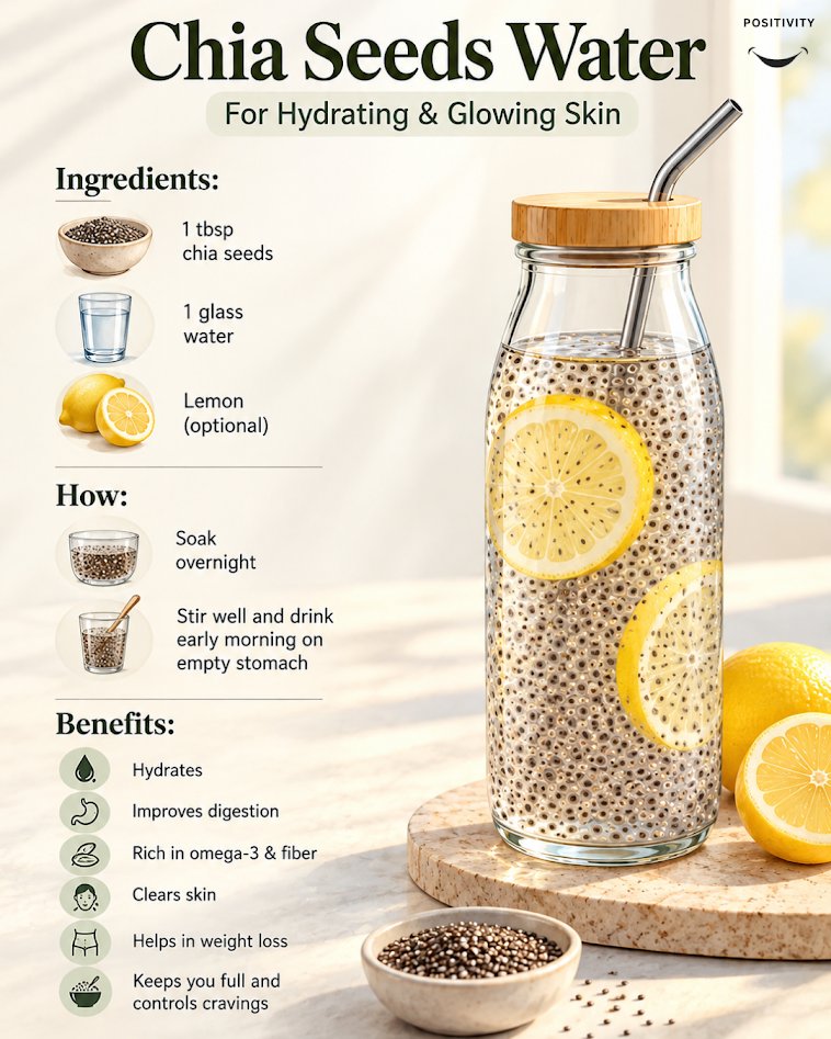 PositivitySaid's tweet photo. Tonight Do this and Start your morning with a simple glow-up. 

A spoonful of chia seeds soaked overnight, a splash of lemon, and a refreshing glass ready when you wake. It's an easy ritual that supports hydration, digestion, and healthy-looking skin. Small habits like this add up to big changes over time.
