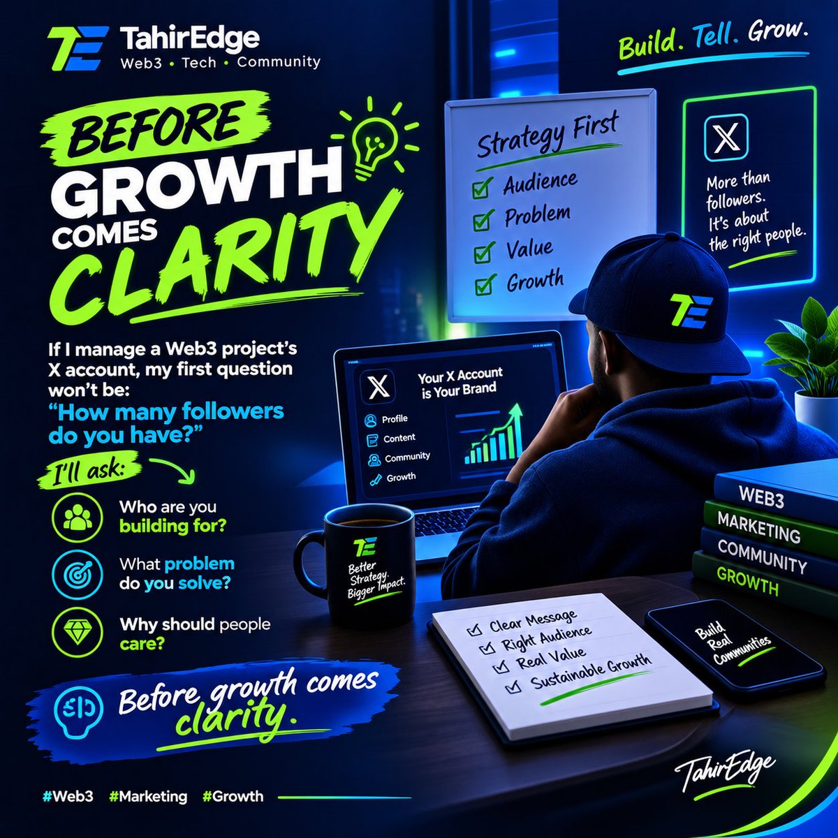 TahirEdge's tweet photo. If I manage a Web3 project’s X account, my first question won’t be:

“How many followers do you have?”

I’ll ask:

→ Who are you building for?
→ What problem do you solve?
→ Why should people care?

Before growth comes clarity. 🧠🚀

#Web3 #Marketing #Growth https://t.co/1w2o9bGjoq