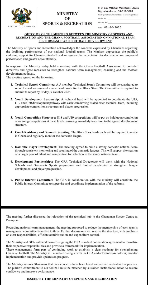 Listo_Mens's tweet photo. 🚨Press release from the Ministry of Sports after today’s meeting with GFA https://t.co/FnDt9VpL2N