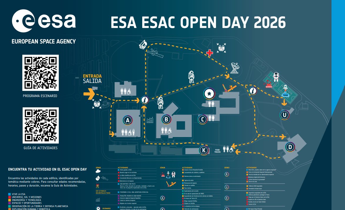 esa_es's tweet photo. 🗺️ Antes de empezar a explorar, consulta el mapa y la guía de actividades para descubrir todo lo que te espera hoy en #ESAC #ESAOpenDays2026.
Más de 35 actividades, talleres, exposiciones y encuentros con expertos durante toda la jornada.
📍 Mapa y programa: https://t.co/8AJO11yXlo

https://t.co/a83DphheeI