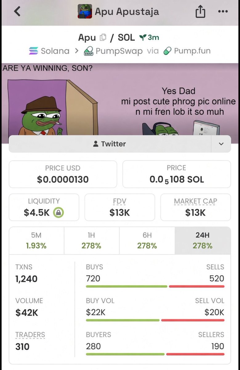 Mega_Sol_whale's tweet photo. $Apu went from $13K → $182K MC 💹
No hype — just results.
TG locked early.
Six figures in motion.
Join the feed. 💬
#Solan #memecoin #crypto
Ca: C2bj2HbEsnv7bSqQe2bQ7uGrf7MHXNN4cSmEVRMQpump https://t.co/oKnCs7whmZ